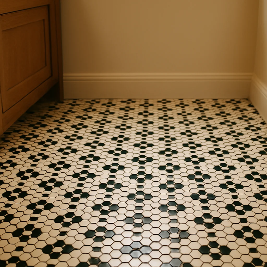 Modern bathroom floor with classic hexagonal tile pattern installation showing precision workmanship